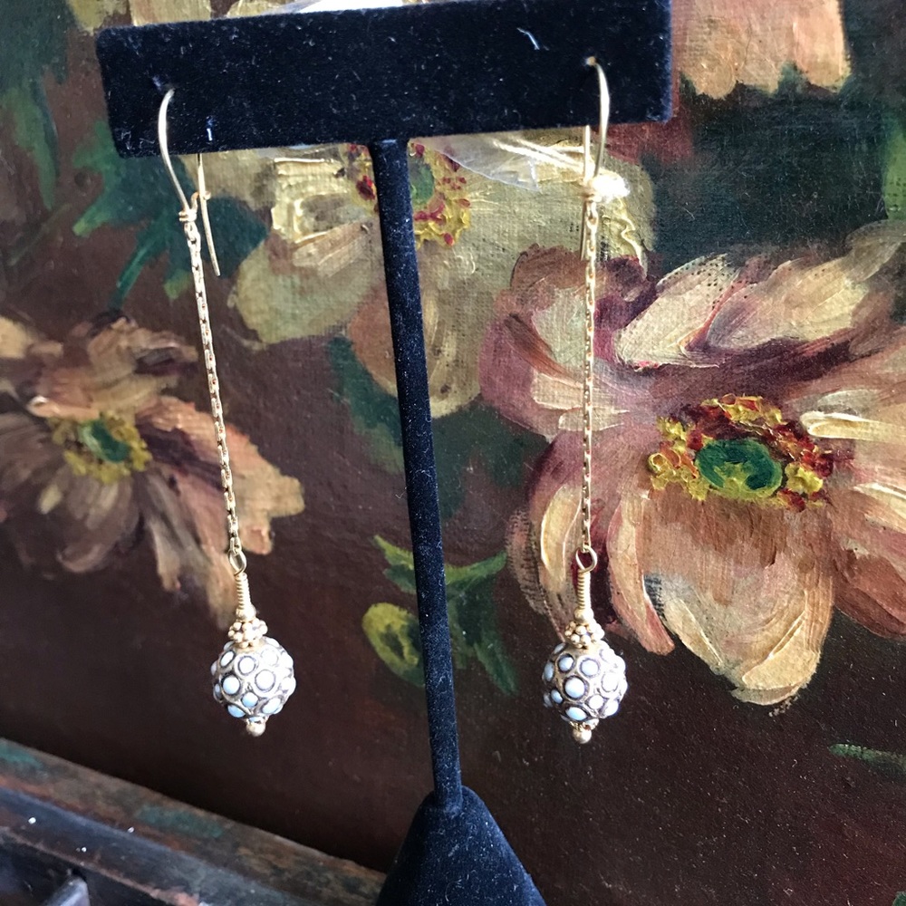 22K Yellow Gold and Pearl Long Drop Earrings